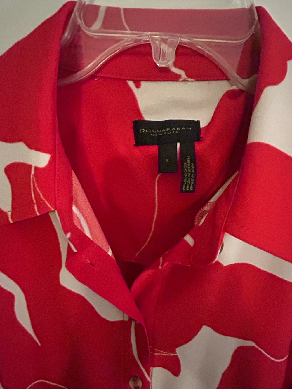 Donna Karan New York Crepe Red and White Floral-Print Belted Dress, Size 8